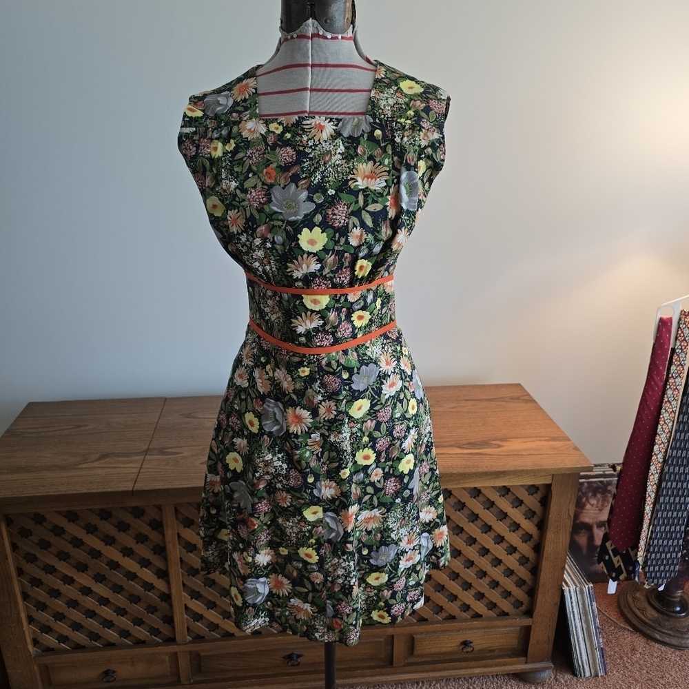 1970s Vintage Tailor Made Floral Print Jacket & Dress with Orange Accents